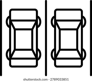 Vector icon showing a top-down view of two cars traveling in parallel lanes on a road, representing traffic, transportation, or highway driving.