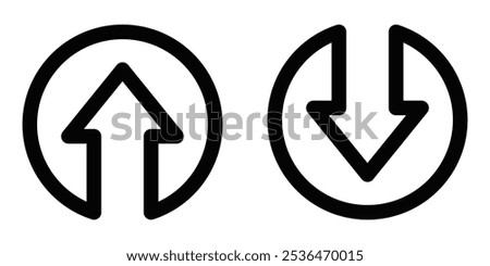 Vector icon showing upward and downward arrows within circles, symbolizing upload, download, or transfer actions. Suitable for technology themes. Editable stroke.