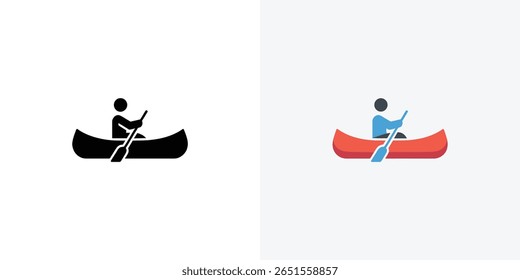 Vector icon shows an isolated person paddling with an oar inside an open canoe; one side shows a black silhouette, and the other is colorful.