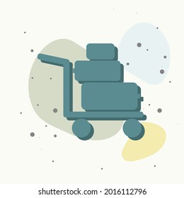 Vector icon shows the presence of porters. Trolley with things, suitcases on multicolored background.