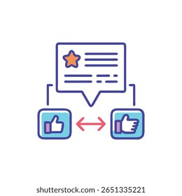 Vector icon shows star rating with thumbs up, conveying customer feedback. Flat graphic style, simple composition for versatile commercial use.