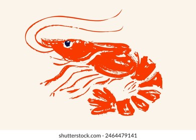 Vector icon of shrimp for Asian food. Vector illustration of shrimp in grunge ink style. 