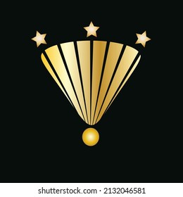 vector icon shuttlecock or parachute with three stars, vector gold color on black background