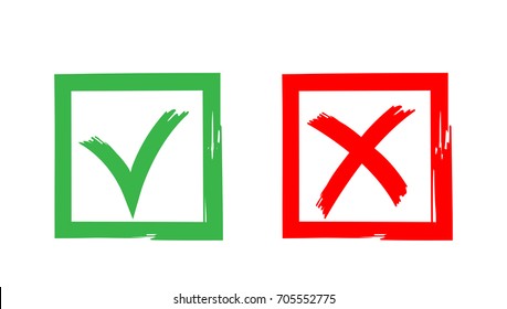 Vector icon sign to vote Yes and No. in green box tick mark In a red square cross against