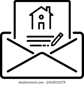 A vector icon of a signed real estate sales agreement in an envelope, with customizable outlines. Perfect for housing, property, or legal transaction visuals, offering a professional design.