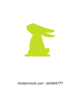 Vector icon with silhouette of attentive rabbit look to the left. Green summer bunny with cute long ears down and curved little tail. Isolated on white  background. Easter bunny. Flat design.