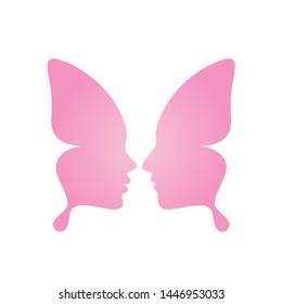 Vector icon with silhouette butterfly that makes face of woman and man. Isolated on white background