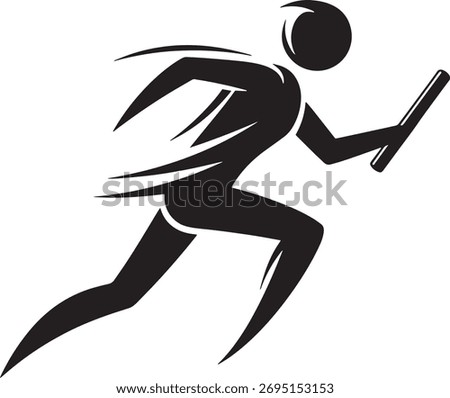 vector icon and silhouette depicting an athlete sprinting while carrying a relay baton. This powerful sport concept graphic symbolizes speed, teamwork, forward momentum