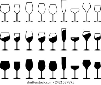 vector icon silhouette of wine glasses of various types. outline and black. beverage