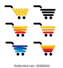 vector icon simple abstract lines shopping carts collection set - concept graphics is many colors like blue orange yellow black