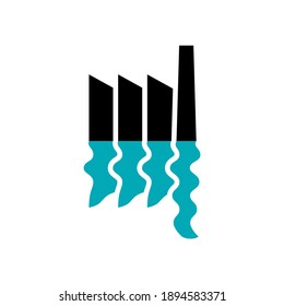 Vector icon of a simple factory silhouette in black color, reflected on a liquid surface of greenish blue color for use as logo, etc.