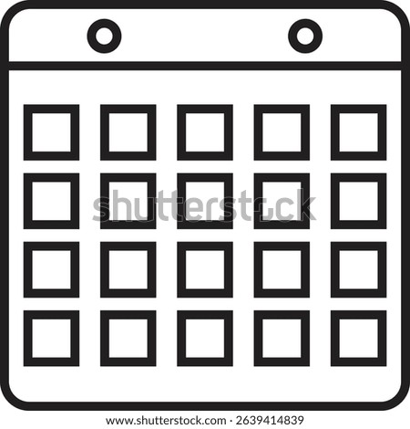 Vector icon of a simple wall or desk calendar, illustrating a generic month view with empty date squares. Rendered in a clean, minimal outline style. Ideal for representing scheduling, planning, time.