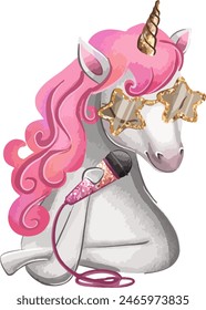 Vector icon of a singing unicorn with a pink mane, a shiny microphone and wearing gold glasses. Character Unicorn Superstar at Karaoke