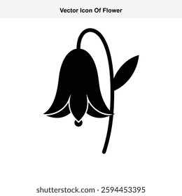 Vector Icon of a Single Black Bell Flower with a Leaf
