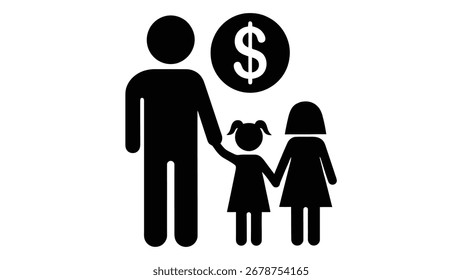 A vector icon of a single parent with two children and a dollar sign. It represents the financial burden of raising children as a single parent.