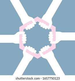 ícono vector de seis manos con un hexágono común. Símbolo de amistad. Fondo azul.