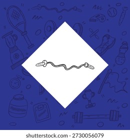 Vektorsymbol eines Springseils für das Cardio-Training. Auf blauem Hintergrund mit subtilen Fitness-Doodle-Mustern. Ideal für Gewichtsverlust, Boxtraining und Herz-Gesundheit-Konzepte.