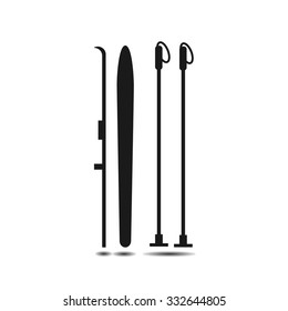 Vector icon of skis with ski poles with shadow on light background
