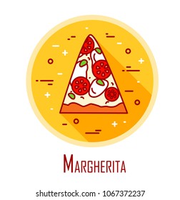 Vector icon with slice of pizza Margherita in a coloured circle. Vector banner for fast food. Thin line flat design.