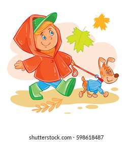Vector icon of small boy walks with his puppy