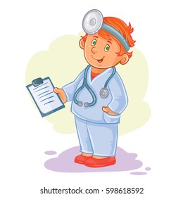 Icono vectorial de un niño pequeño médico con traje médico con estetoscopio.