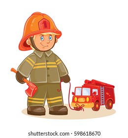 Vector icon of small child firefighter and his machine on a string