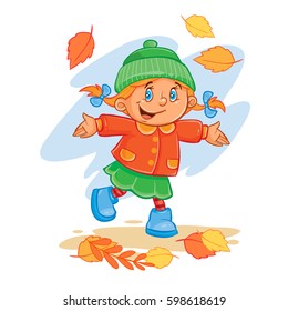 Vector icon of small child throws up the fallen leaves