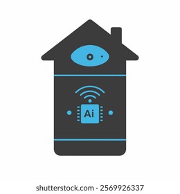 Vector icon of a smart blue house with a blue wifi icon with AI written on it.