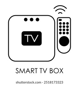 Icono de Vector para caja de TV inteligente. Representa un dispositivo de transmisión diseñado para entregar contenido digital y televisión basada en Internet a televisores inteligentes.