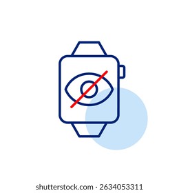 Vector icon of smart watch with crossed-out eye, symbolizing hidden activity, private data, or disabled monitoring. Ideal for fitness apps, wearable tech, and privacy