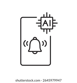 Um ícone vetorial de um smartphone com um alerta de entrega e um chip de IA, representando a notificação de entrega baseada em IA, criado em estilo de linha com traço editável