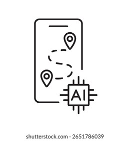 A vector icon of a smartphone with a delivery path and AI chip, representing mobile logistics management using artificial intelligence, created in line style with editable stroke