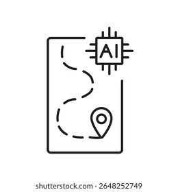 A vector icon of a smartphone displaying a delivery route and AI chip, representing mobile route optimization with artificial intelligence, created in line style with editable stroke