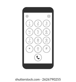 Ícone vetorial de um smartphone com um teclado numérico. Design simples, com um teclado de discagem de telefone clássico com números e símbolos, perfeito para comunicação ou projetos de aplicativos móveis.