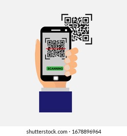 Vector icon. The smartphone in your hand scans the QR code. Simple flat design for website and app