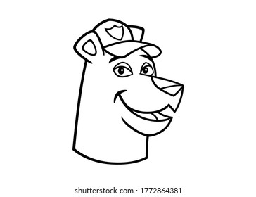 Vector icon of a smiling bear head, black lines and white color, in a cartoon style very graphic, to use like a logo, design element or similar thing. The character is wearing a green cap with a badge