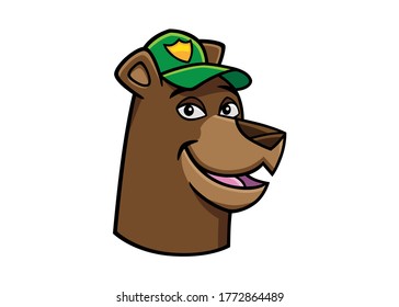 Vector icon of a smiling bear head, black lines and color, in a cartoon style very graphic, to use like a logo, design element or similar thing. The character is wearing a green cap with a badge.