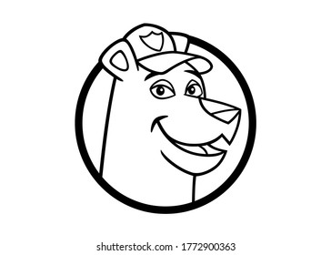 Vector icon of a smiling bear head, black lines and white color, in a cartoon style very graphic, to use like a logo, design element or similar thing. The character is wearing a green cap with a badge