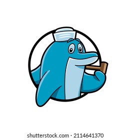 Vector icon of a smiling dolphin in cartoon style, with a sailor cap on his head and holding a pipe with his fin, in blue tones, to use like logo or graphic element.