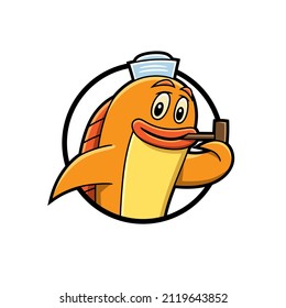 Vector icon of a smiling fish in cartoon style, with a sailor cap on his head and smoking a pipe, in orange tones, to use like logo or graphic element.