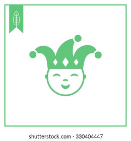 Vector icon of smiling jester wearing hat with bells 