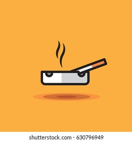 Vector icon smoking cigarette lies on ashtray on orange background in style of linework. Illustration cigarette on ashtray flat
