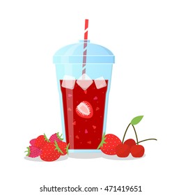 Vector icon of smoothie with berries in a glass with a straw. Smoothie for take-awake. Wellness and healthy lifestyle.