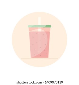 Vector icon of smoothie, milk shake, fresh in a cup for take away. No stroke flat icon, isolated in circle. Watermelon colors.