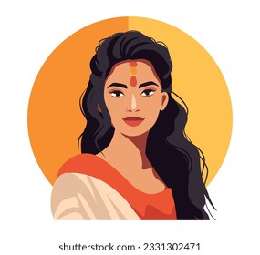 Vector icon of social media avatar girl indian girl from india. Indian culture. Portrait of a young woman with a beautiful hairstyle of the national image. Flat graphic vector illustration