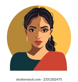 Vector icon of social media avatar girl indian girl from india. Indian culture. Portrait of a young woman of national image. Flat graphic vector illustration