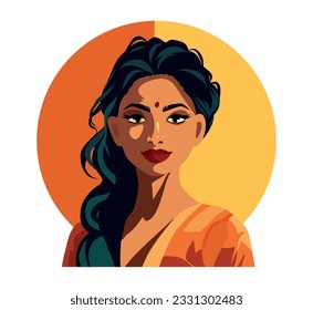 Vector icon of social media avatar girl indian girl from india. Indian culture. Portrait of a young woman of national image. Flat graphic cartoon illustration