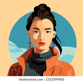 Vector icon of social media avatar asian girl. Asian culture. Kazakh girl. Portrait of a young woman of national image. Flat graphic vector illustration