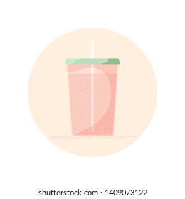 Vector icon of soda pop, sparkling water in a cup for take away. No stroke flat icon, isolated in circle. Watermelon colors.
