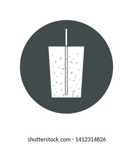 Vector icon of soda pop, sparkling water in a glass with straw. Trasparent, no fill on cup. Isolated in circle.
